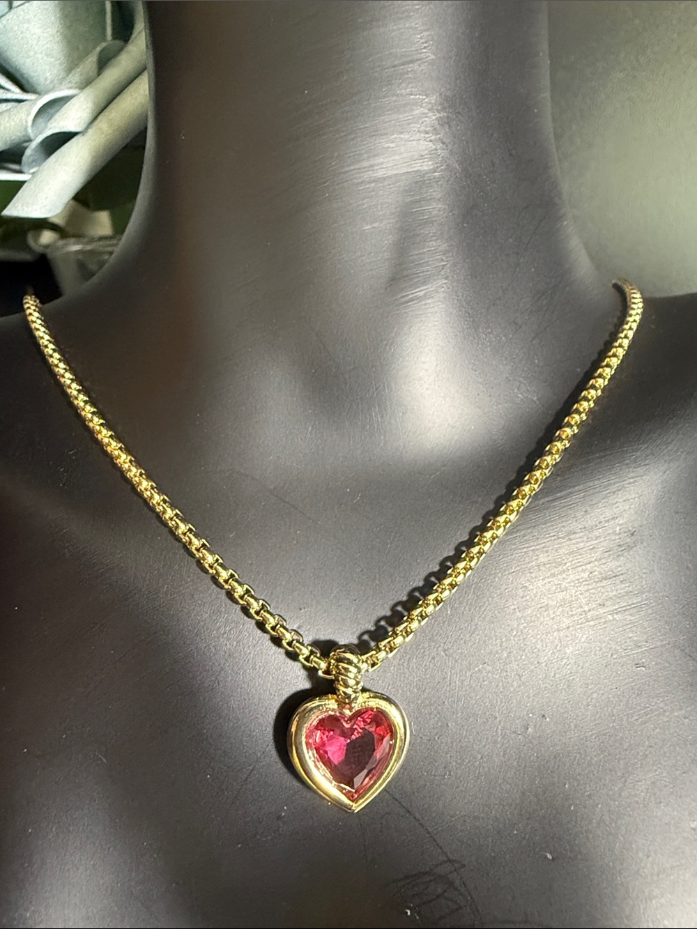 Gold-Tone Heart Pendant Necklace with Deep Red Gem